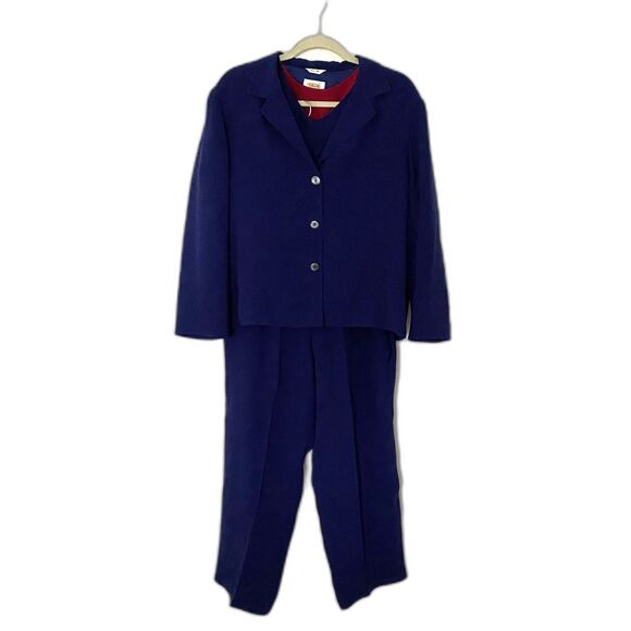 Talbots Petite Blue Silk 3 Piece Suit Blazer Top Pants Set Sz 12P & 16P - Picture 1 of 11